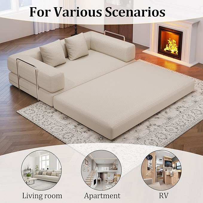 4-in-1 Foldable Sofa Bed Teddy Fabric Foam-Filled Compressed Couch, Beds Queen Size Convertible Sofa Couch Loveseat , Boneless Folding Sleeper for Living Room, Guest Bed, Playroom (Beige, 59” 2 Seat)
