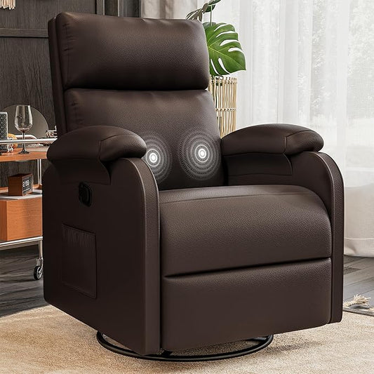 Homall Recliner Chair, 360 Swivel Rocking Chair for Adults, Massage Nursery Chair with Adjustable Backrest and Footrest, PU Leather Glider Rocker Recliners with Side Pocket for Living Room (Brown)