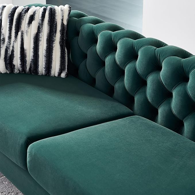 KEIKI 84" Chesterfield Velvet Tufted Button Sofa with Removable Cushions and 2 Toss Pillows, Modern 3-Seater Couch with 4 Gold Metal Legs, Easy Assembly, for Living Room, Bedroom, Apartment, Green