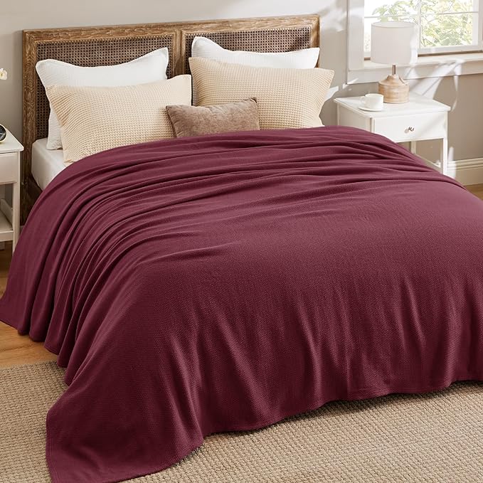 Bedsure GentleSoft 100% Cotton Blanket Queen Size for Bed - Breathable and Lightweight, Soft Cozy Textured Herringbone Woven Blanket for Summer, Red, 90x90 inches