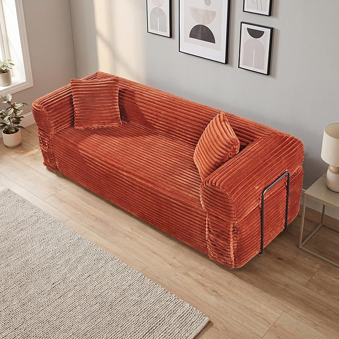 83'' Boneless Couch in A Box, No Assembly Needed Sofa Bed Couch 3 Seater Corduroy Modern Cloud Sofa 29'' Deep Seat with 2 Pillows & Removable Backrest for Living Room, Bedroom, Apartment, Orange | No Assembly Needed, High Density Foam, Removable Backre...