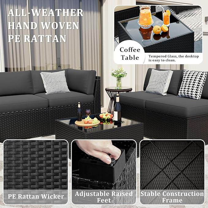 Patio Furniture Set, 7 Pieces Outdoor Sectional Sofa Set with Waterproof Cover, Black PE Wicker Rattan Slanted Back Outdoor Conversation Set with Cushions and Glass Coffee Table, Dark Grey