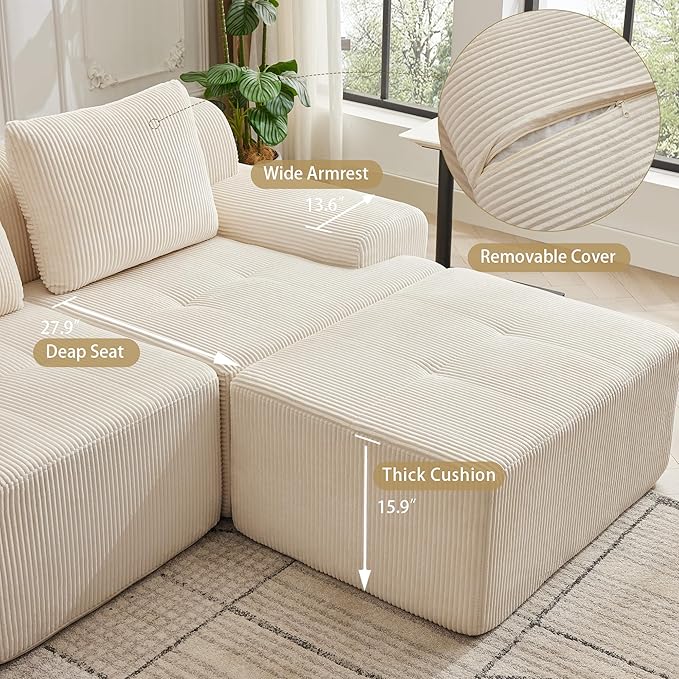 105.8'' Modular Sectional Sofa with Movable Ottoman, 3 Seat Deep Seat Couch with 3 Pillows, Comfy Cloud Sectional Sofa for Living Room, Bedroom (White, 1 Left+1 Right+1 Middle+1 Ottoman)