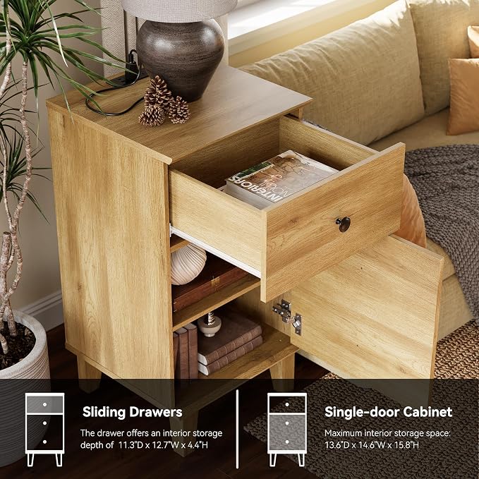 Nightstands with Charging Station, Set of 2 End Table with Power Outlets & USB Ports Modern Side Table with Drawer and Storage Cabinet for Bedroom,Brown Oak - Image 7