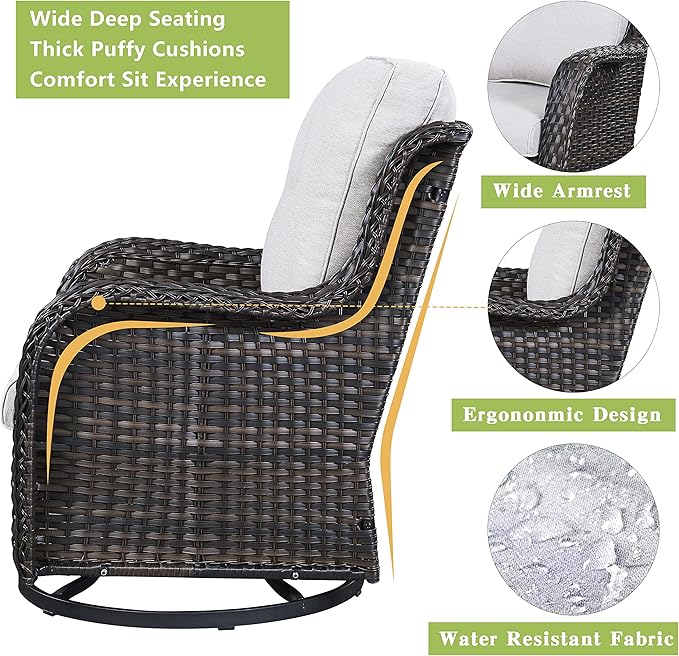 Rilyson Wicker Rocking Chair Swivel Chairs - 3 Piece Rocker Patio Furniture Set Rattan Rocking Bistro Sets with Glass Top Side Table for Outdoor Porch Deck Garden Backyard (Brown/Beige)