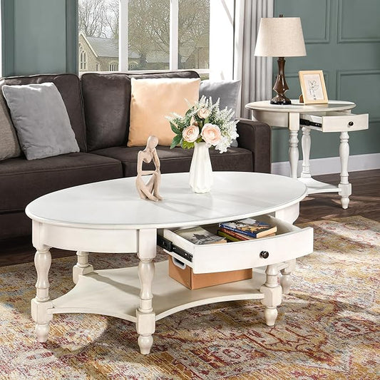 MODERION Coffee Table with Drawer, Solid Wood Oval Center Table with Storage Shelf, Traditional Living Room Table with Elegant Vintage Style, 45” x 27.6” x 18.2” Antique White KFZ2233RW