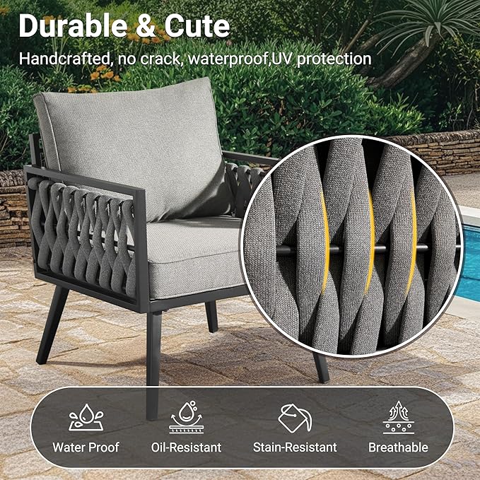 Weaxty Modern Patio Furniture Set 6 Piece, Rope Outdoor Patio Conversation Sets Sectional Sofa Swivel Chairs Table Ottoman, All Weather Metal Balcony Furniture for Backyard Garden, Grey