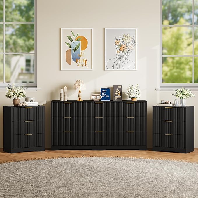 9 Drawer Dresser and Nightstand Sets for Bedroom, Modern Fluted 3 Pcs Bedroom Dresser Furniture Sets, Wood Chest of Drawers and Nightstand Set of 2 with Metal Handles, Black