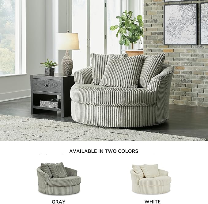 Signature Design by Ashley Lindyn Contemporary Oversized Accent Chair with 360-Degree Swivel, Feather Blend Throw Pillows, Corded Fabric, Gray