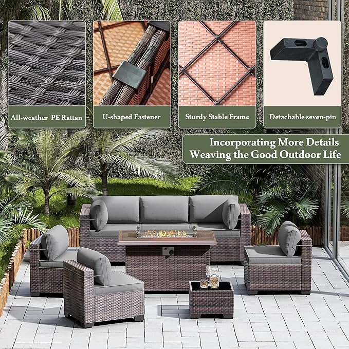8 Pieces Outdoor Patio Furniture Set,Outdoor Sectional Furniture with 43" 55000 BTU Gas Propane Fire Pit Table,All Weather PE Rattan Wicker Patio Conversation Set,Grey