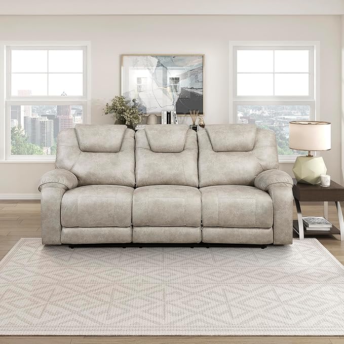 Lexicon Manual Double Reclining Sofa, Polished Microfiber Wall Hugger 3 Seater Manual Tab Pull Sofa Recliner for Living Room, Pillow Top Armrest, Padded Headrest, Easy Assembly, Pewter