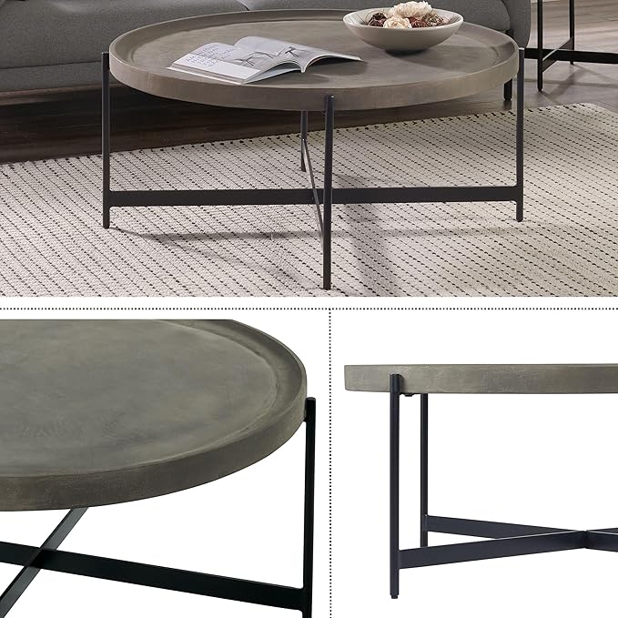 Alaterre Furniture Brookline 42-Inch Round Concrete-Coated Wood Coffee Table with Tray Top and Black Iron Legs – Industrial Farmhouse Living Room Accent Table with X-Frame Base