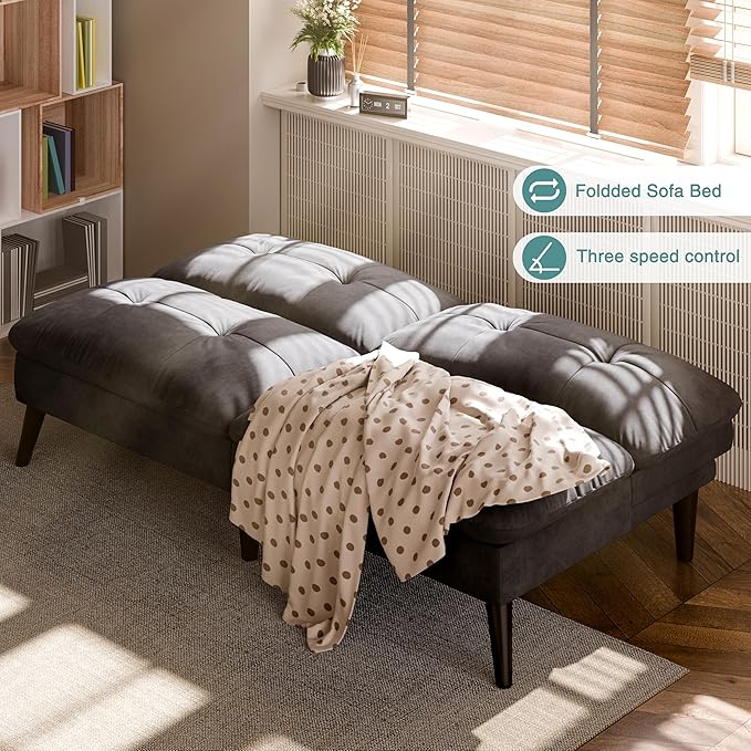 Shintenchi Convertible Futon Sofa Bed, Folding Velevt Set with Adjustable Backrest Recliner Lounge for Living Room, Apartment or Office, Solid Wood Frame, 3-Seater Sofa, Light Grey