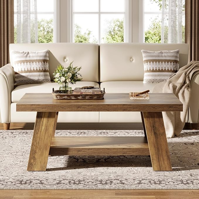Tribesigns 47-Inch Farmhouse Coffee Table with Storage Shelf, Rustic Wooden Center Table for Living Room, 2-Tier Rectangle Coffee Table for Apartment (Rustic Brown)