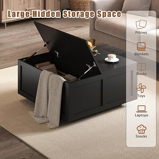 Lift Top Coffee Table with Storage, 31.5" Square Black Coffee Table with Large Hidden Storage, Wood Living Room Table Center Table for Living Room Dining Reception Room