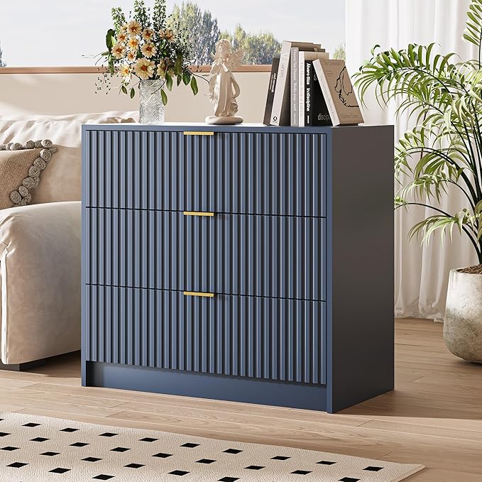 MAISONARIA 3-Piece Dresser Bedroom Set, 8 Drawer Dresser & 3 Drawer Nightstands with Gold Handles, Fluted Wood Chest of Drawers for Bedroom, Living Room, Entryway, Navy Blue