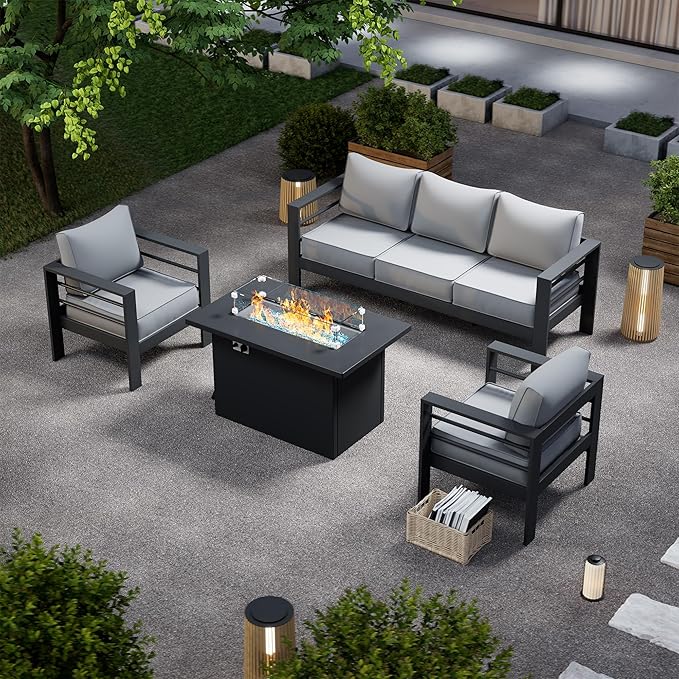 Aluminum Patio Furniture with Fire Pit Table, 6 Piece Outdoor Set, Waterproof Covers for Backyard Garden (Dark Grey & Light Grey)