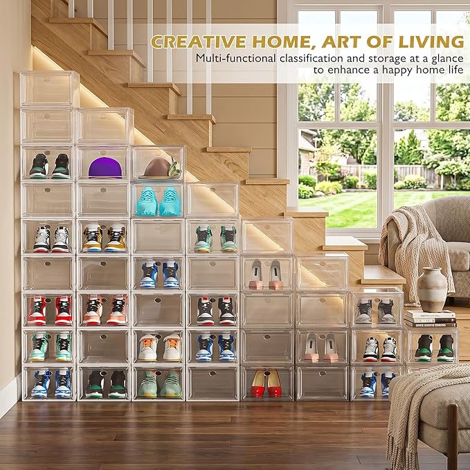 Thickened Clear Shoe Storage Organizer with Magnetic Door, Sturdy Stackable Shoe Boxes for Closet, Collapsible Space-Saving Shoe Rack for Sneakers & Boots, Plastic Shoe Cabinet Box Set, 6 Pack, White - Image 4