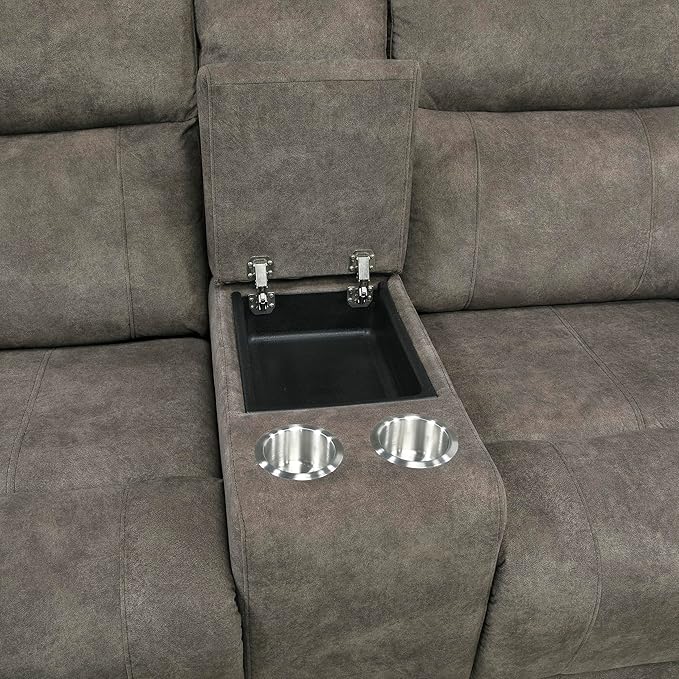 Lexicon Manual Double Reclining Loveseat, Textured Microfiber Manual Wall Hugger Loveseat Recliner for Living Room, Center Storage Console/Cup Holders/Track Arm, Easy Assembly, Brown