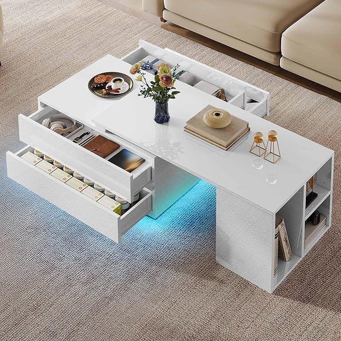 YITAHOME Coffee Table LED Coffee Table with 4 Storage Drawers, Extendable Coffee Tables for Living Room, Modern Wooden Rectangle Cocktail Table with Open Shelves & Sliding Tabletop 35"- 61", White