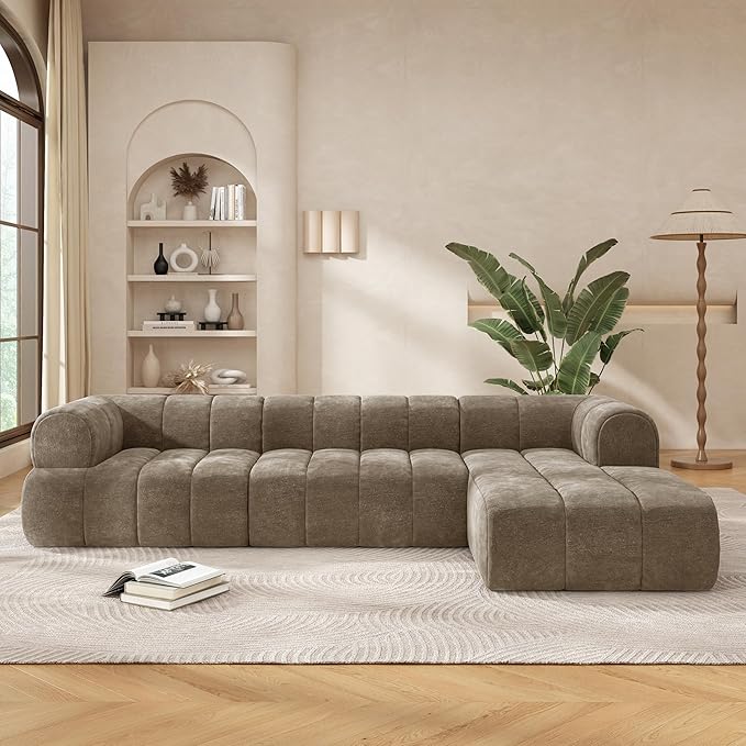 Christopher Knight Home Mania 122" Modular L-Shape Sofa Couch with Chaise Lounge, Modern Sectional Sofa Set for Living Room, Boucle Fabric Upholstered Cloud Couch with Deep Seat, Brown