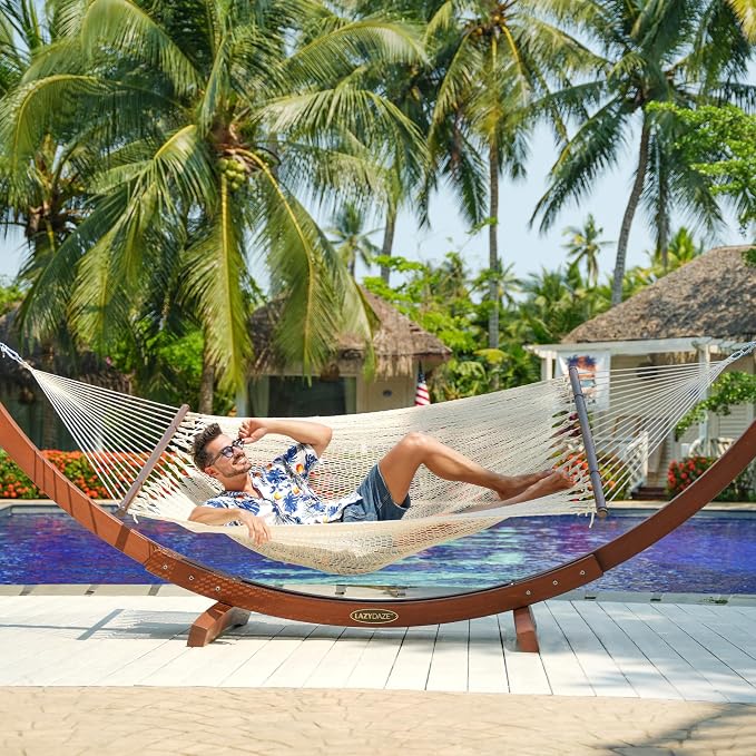 Lazy Daze Hammocks 10.5 FT Double 2 Person Caribbean Rope Hammock, Hand Woven Polyester Hammock with Spreader Bars, for Outside Outdoor Backyard Patio Poolside, 450 LBS Capacity, Cream - Image 9