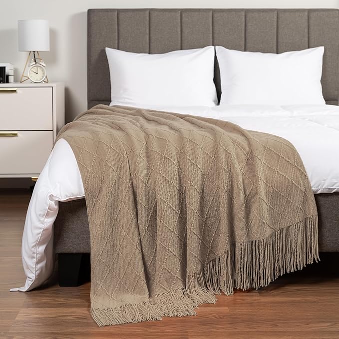 PAVILIA Tan Taupe Knit Throw Blanket for Couch, Twin Bed, Soft Knitted Farmhouse Sofa Throw for Living Room, Lightweight Decorative Fall Blanket for Chair, Outdoor Textured Boho Blanket, 60x80