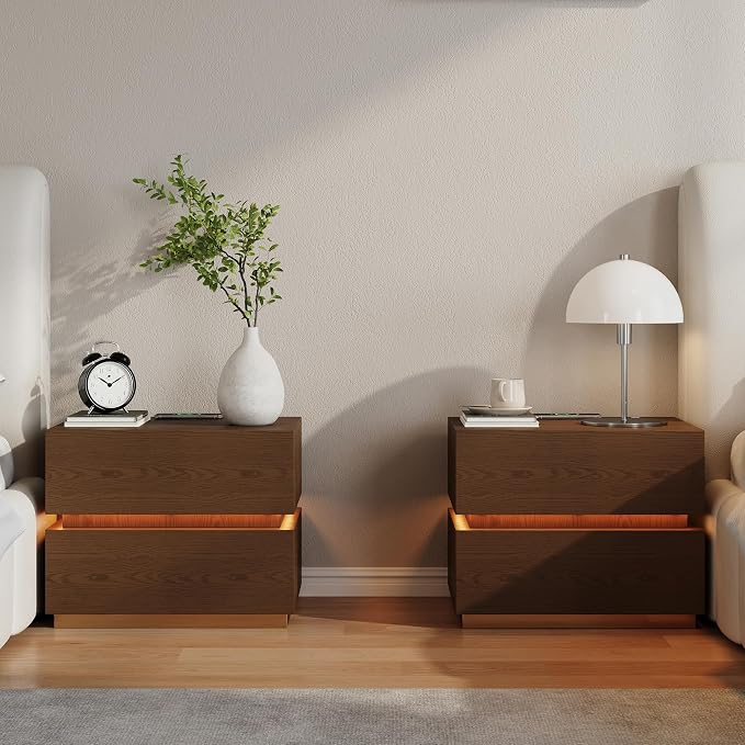 homary Smart Nightstand Set of 2 with Wireless Charging Station, USB & Type-C Ports, LED Light, 2 Drawers – Modern Walnut Bedside Table for Bedroom Storage - Image 7