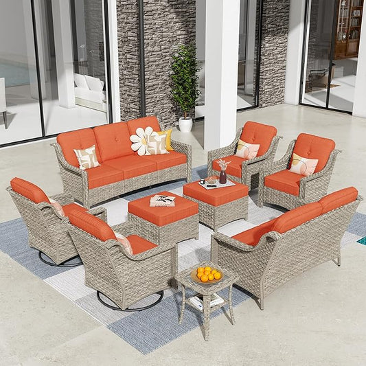 HOOOWOOO 9 Piece Patio Furniture Conversation Sets with Swivel Rocking Chairs,Outdoor Wicker Furniture with Ottoman,All Weather Resistant High Back Rattan Conversational Set(Orange Red)