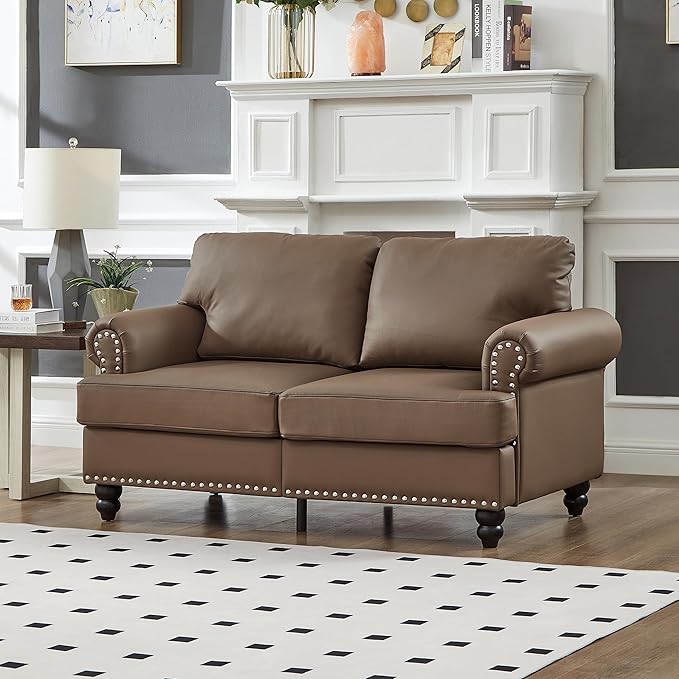 2 Pieses Living Room Sofa Sets Faux Leather Couch and Loveseat with Nailhead Decor, Soild Wood Legs, Rolled Armrests & Storage ,2PCS Sofas 3 Seaters Couch and Love Seat for Living Room Furniture Sets