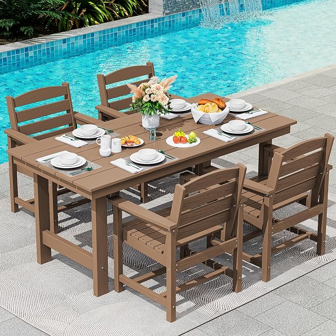 SERWALL Patio Dining Table Sets 5-Piece, Outdoor HDPE Dining Furniture Set with Umbrella Hole Cut-Out Table and 4 Chairs, All Weather Dining Set for Lawn, Garden, Backyard, Poolside, Brown by SERWALL