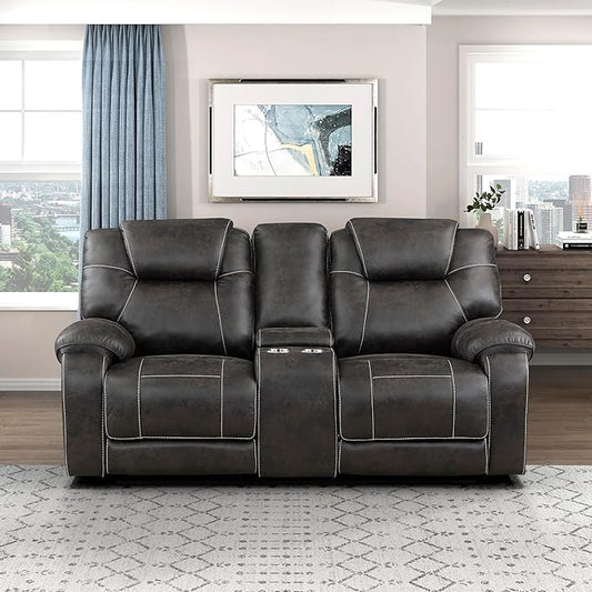 Lexicon Manual Double Reclining Loveseat, Polished Microfiber Manual Wall Hugger Loveseat Recliner for Living Room, Center Storage Console/Cup Holders/Pillow Top Arm, Easy Assembly, Chocolate