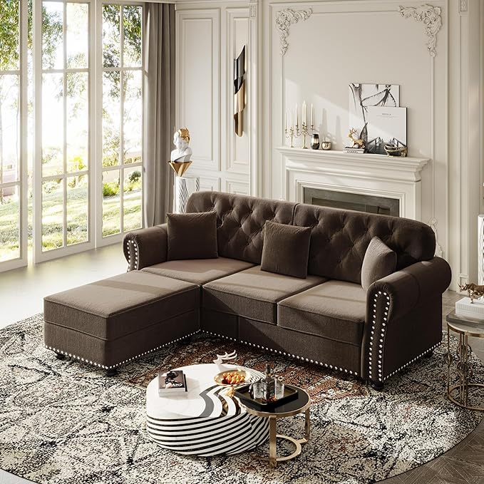KEIKI 83" Velvet Chesterfield Sofa with Rolled Arms & Nailhead Trim & 1 Ottoman, Modern 3-Seater Button Tufted Couch with High Resilience Cushion & 3 Pillow, Easy Assembly, for Living Room, Brown