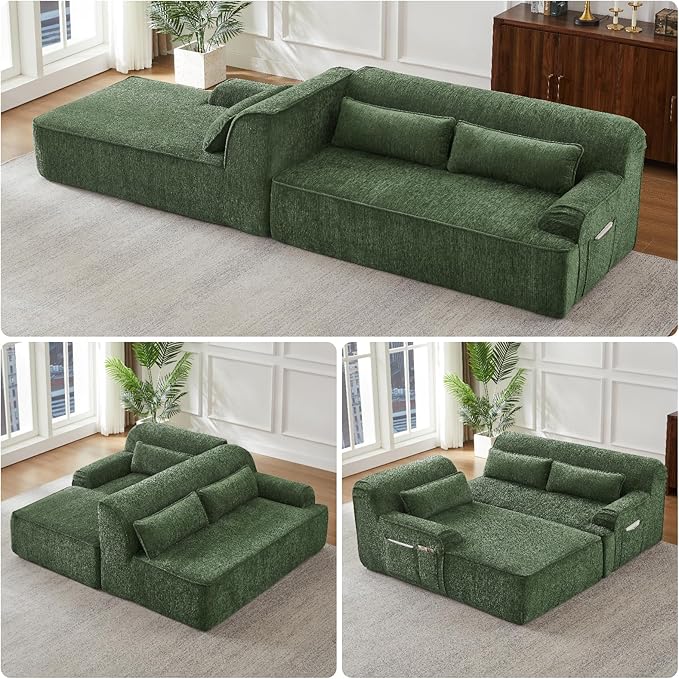 L-Shaped Sectional Sofa, Luxury Upholstered Chenille 3-Seater Sofa with Left Chaise Lounge & 3 Lumbar Pillows, Modern Comfy Oversized Couch with Side Pocket for Living Room, Apartment, Green