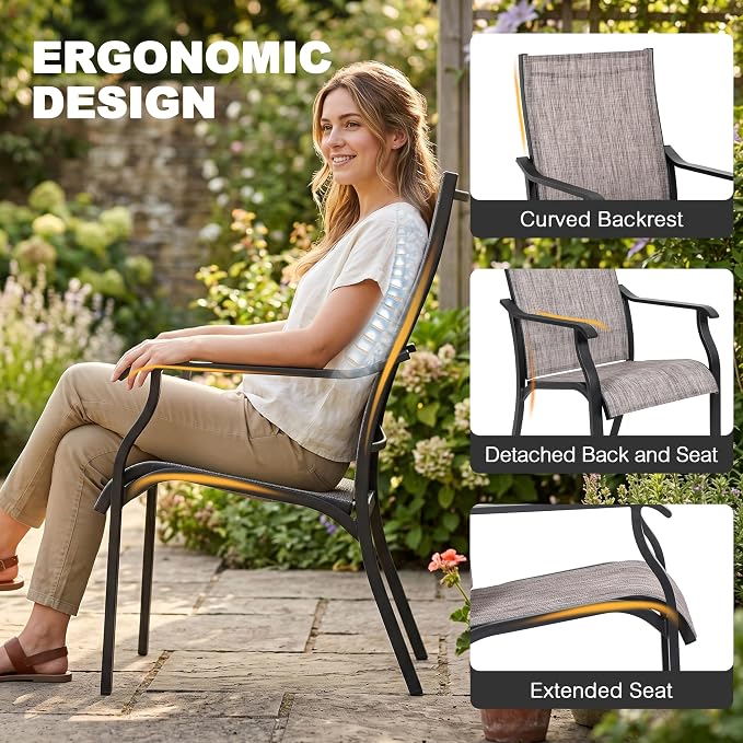 NUU GARDEN Outdoor Dining Chairs Set of 2, Textilene Patio Chairs with Aluminum Frame, Quick-Dry Rust-Resistant Chairs with Backrest & Armrests for Lawn Garden Backyard, Grayish Brown - Image 7