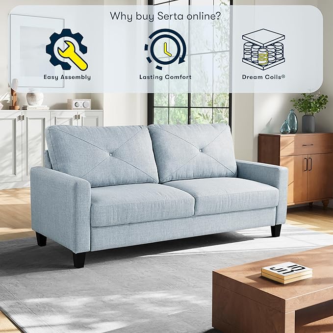 Serta® Lindbergh 70.5" Modern Transitional Sofa, Tufted Back Cushion, Square Track Arms, Solid Wood Legs, Dream Coil® Comfort, Woven Polyester Fabric, Light Gray