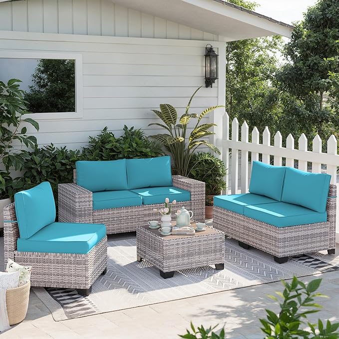 6-Piece Outdoor Patio Furniture Set Wicker Rattan Sectional Sofa Set, Patio Conversation Set with Thickened Cushions & Coffee Table for Backyard, Turquoise