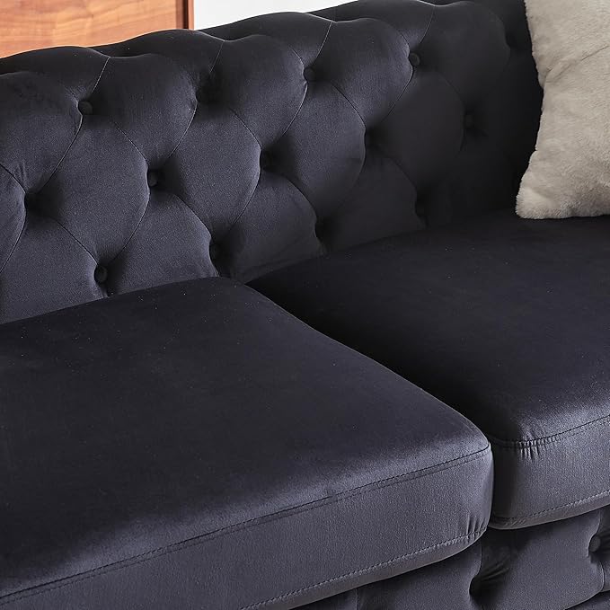 KEIKI 61" Luxury Oversized Velvet Chesterfield Sofa with 2 Pillows, Mid-Century Style 2-Seater Tufted Buttons Couch with High-Density Foam Cushions, Easy Assembly, for Apartment, Living Room, Black