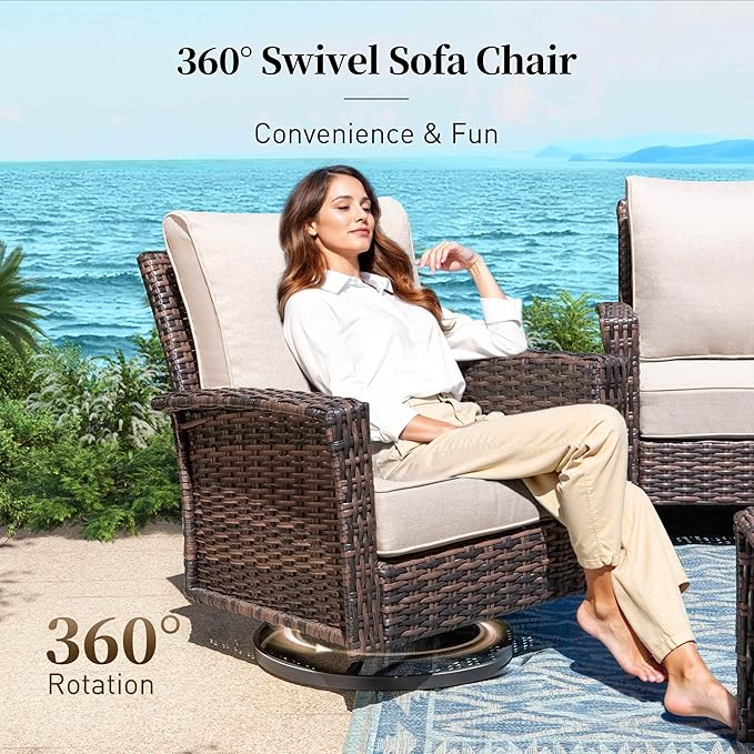 Patio Furniture Set with Swivel Chairs, High Back Wicker Rattan Furniture with 5.5" Thick Cushions, Fire Pit Table and Ottomans, All Weather Outdoor Conversation Set for Backyard Deck,9 Seats, Beige