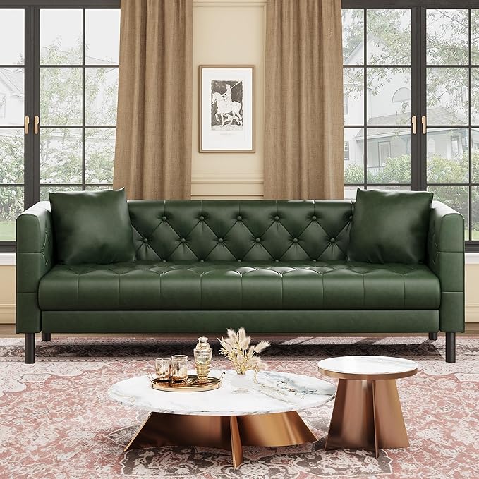GarveeHome 81 in Leather Couch for Living Room, Modern Sofa Couch with Deep Seat and 2 Pillows, Handmade Button Tufted 3 Seater Sofa, Leather Sofa for Apartment, Office, Green