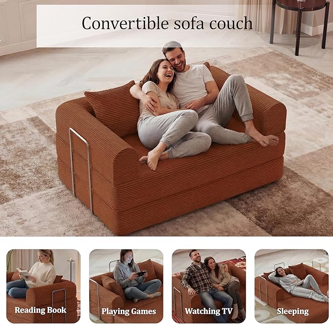 HouseMila 53.15" Boneless Couch,4-in-1 Futon Sofa Bed Modular Loveseat Sleeper Folding Compressed Couch with Pillows,No Assembly Required Convertible Sofa Bed for Living Room Bedroom Guest Room,Beige