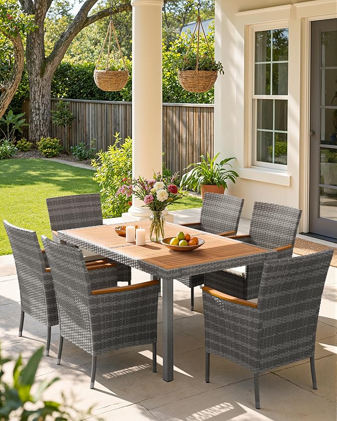 Flamaker 7 Piece Patio Dining Set Outdoor Acacia Wood Table and Chairs with Soft Cushions Wicker Patio Furniture for Deck, Backyard, Garden (Grey) - Image 2