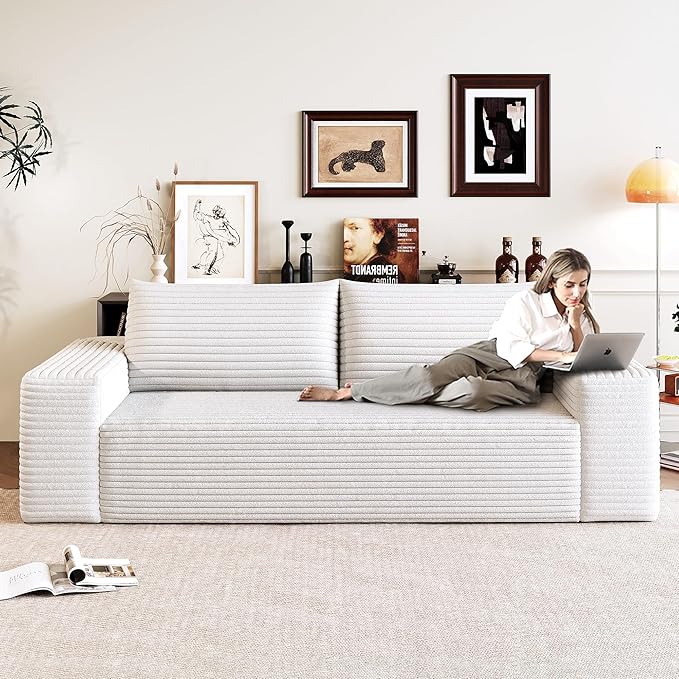 JINGLING 63" Small Couches for Small Spaces, Comfy Boneless Couch in a Box, Love Seat Compressed Sofa for Living Room Bedroom, Apartment Furniture, No Assembly, Corduroy, White