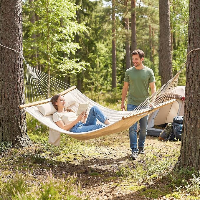 Outsunny Outdoor Hammock, 2-Person Hammock with Head Pillow and Pad, Wood Spreader Bars, 440 lbs Capacity, for Patio Yard Garden, 128" x 55", Cream White - Image 9