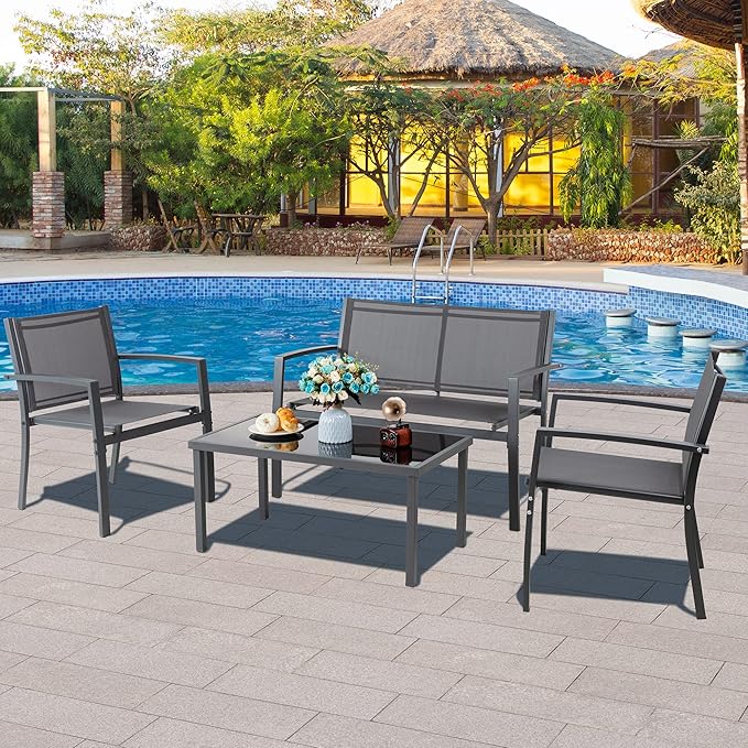 Vongrasig 4 Pieces Patio Furniture Sets, Small Outdoor Furniture Conversation Sets(Grey)