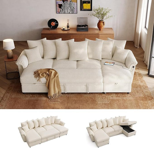 LINSY HOME Oversized Sectional Sleeper Sofa with Pull Out Couch Bed (Beige, 118.5'') | USB Charging, Pillow-style Armrest, Multiple Cushions, Storage Chaise, Corduroy Fabric