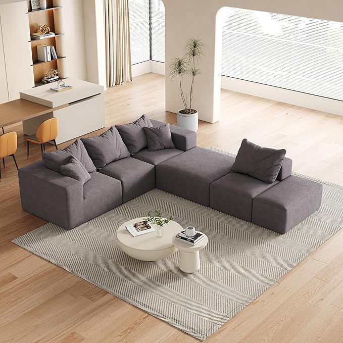 KEIKI 132" Boneless Sofa with Ottoman, L Shaped Corner Couch, Upholstered Corduroy Free Combination Sectional Couch for Living Room, Bedroom, Gray
