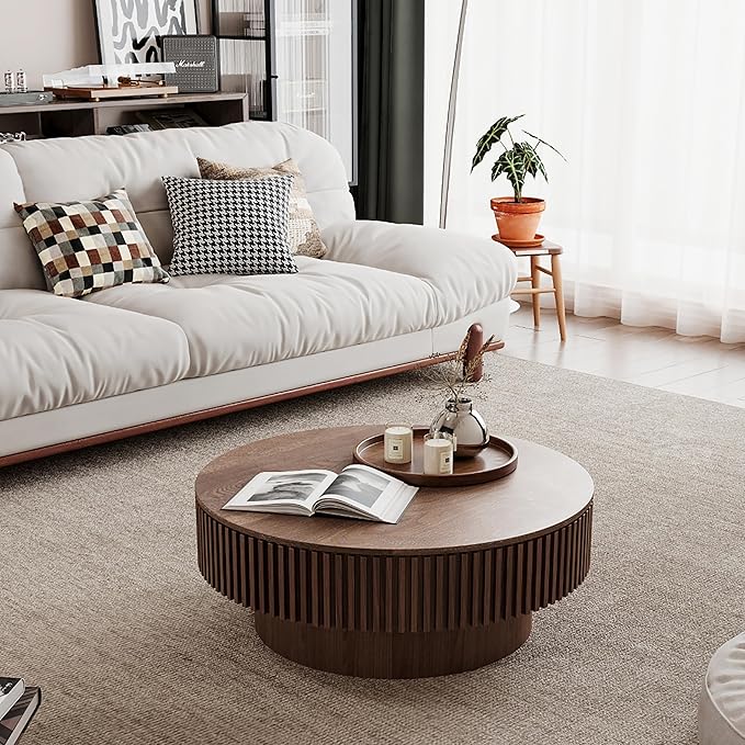 31.5'' Round Coffee Table with Storage, Modern Luxury Circle Drum Center Tables with Solid Wood Veneered, Accent Side Coffee Table for Living Room, Bedroom, Apartment-Walnut
