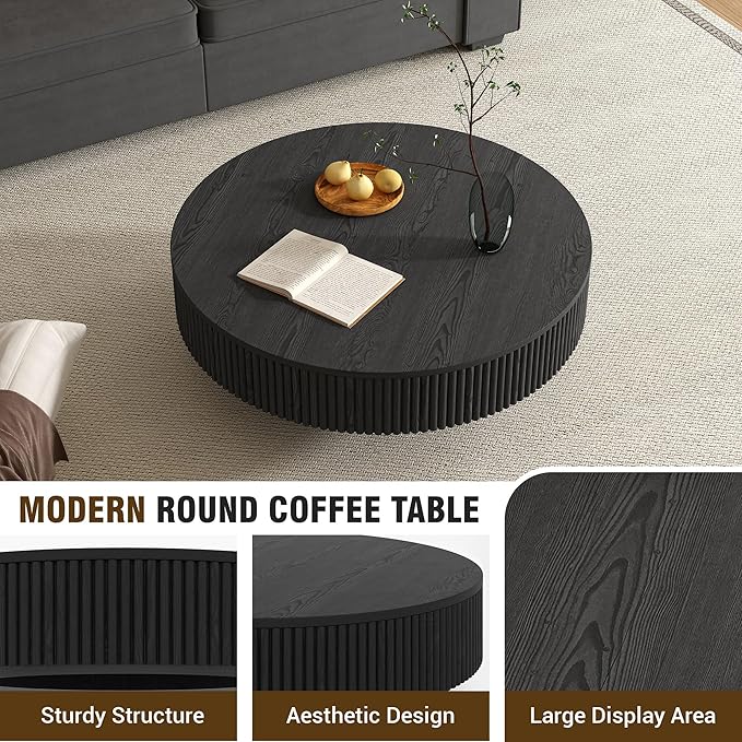 Apicizon 31.5'' Black Round Fluted Coffee Table for Living Room, Mordern Wood Drum Coffee Table for Small Space, Mid-Century Center Accent Table for Apartment