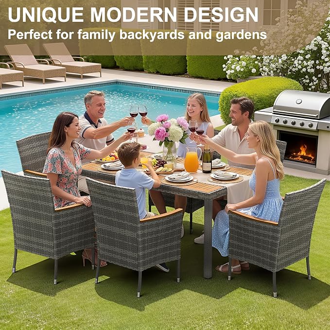 Devoko Dining 7 PCS Furniture, Patio Conversation Set with Acacia Wood Table Top, Outdoor, Beige Cushion and Grey Rattan - Image 5
